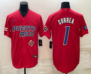Mens Puerto Rico Baseball #1 Carlos Correa 2023 Red World Baseball Classic Stitched Jersey